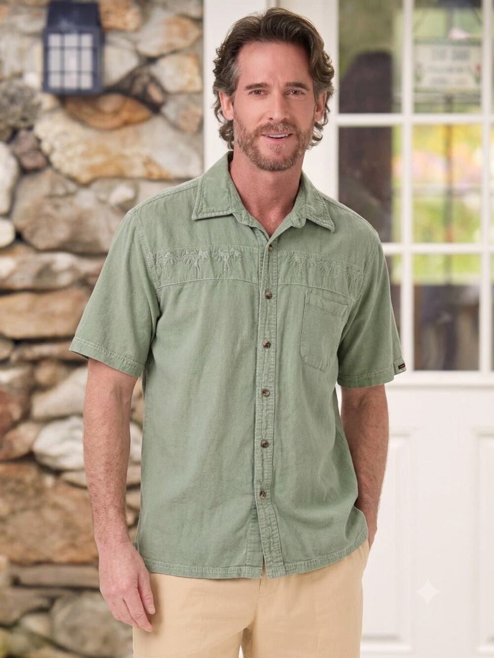 Scully Farthest Point Peruvian Cotton Palm Tree Camp Shirt Mens L Green Summer